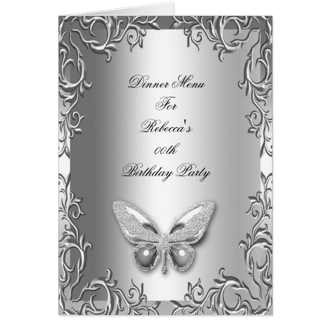 Tarjeta de menú de cena Mariposa floral gris plate (Frente)