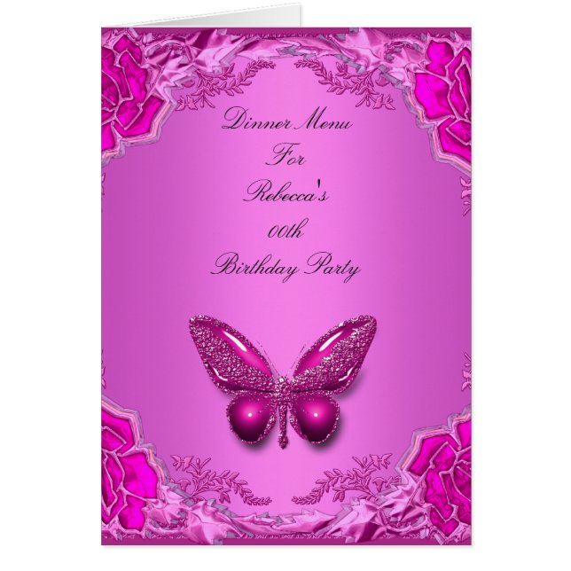 Tarjeta de menú de cena Mariposa rosa floral (Frente)