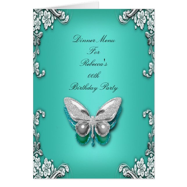 Tarjeta de menú de cena plata azul teal mariposa (Frente)