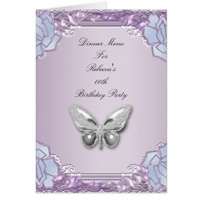 Tarjeta de menú de cena Silver Lilac Mauve Butterf (Frente)