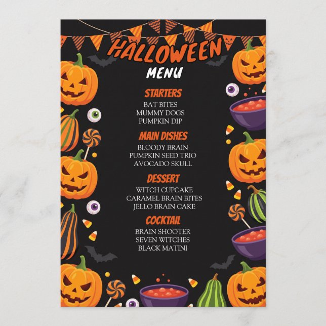 Tarjeta de menú de comida para fiesta de Halloween (Anverso)