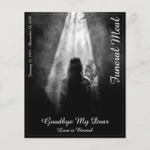 Tarjeta de menú de comidas funerales en la luz