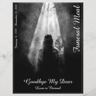 Tarjeta de menú de comidas funerales en la luz