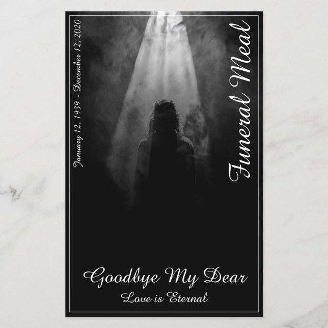 Tarjeta de menú de comidas funerales en la luz (Anverso)