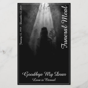 Tarjeta de menú de comidas funerales en la luz