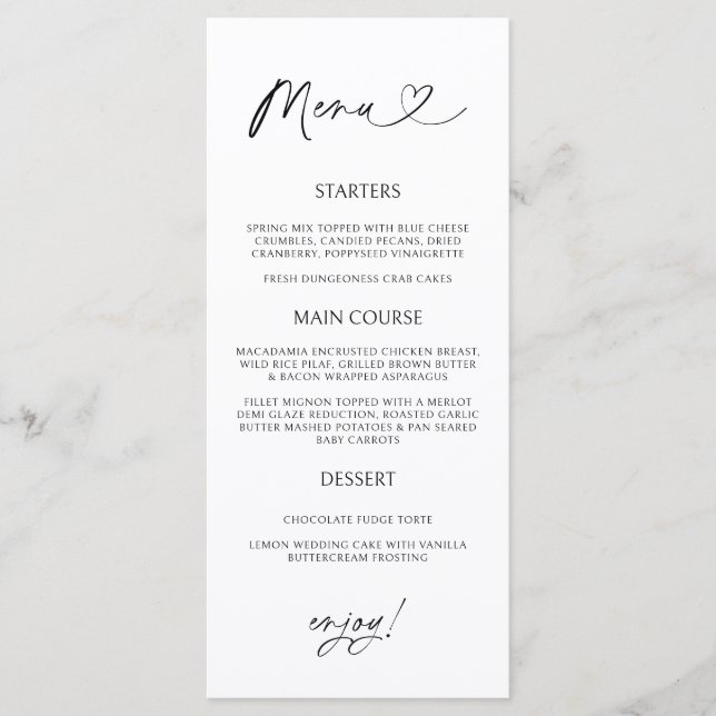 Tarjeta de Menú de Corazón Mínimo Recepción Cena F (Anverso)
