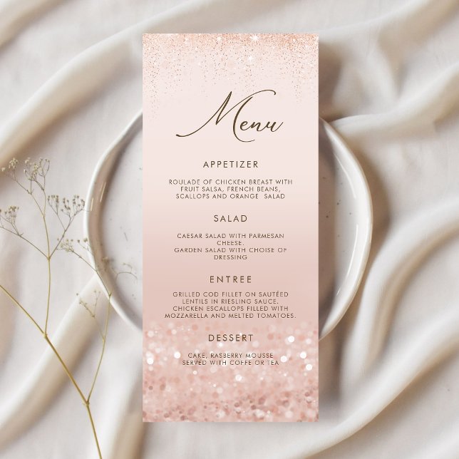 Tarjeta de menú de cumpleaños 70 con brillo en ros (Rose Gold Glitter 70th Birthday Menu Card)