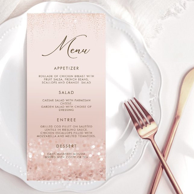 Tarjeta de menú de cumpleaños 90 con brillo en ros (Rose Gold Glitter 90th Birthday Menu Card)
