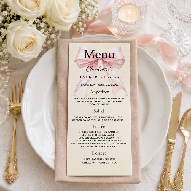 Tarjeta de menú de cumpleaños con lazo rosa crema (Subido por el creador)