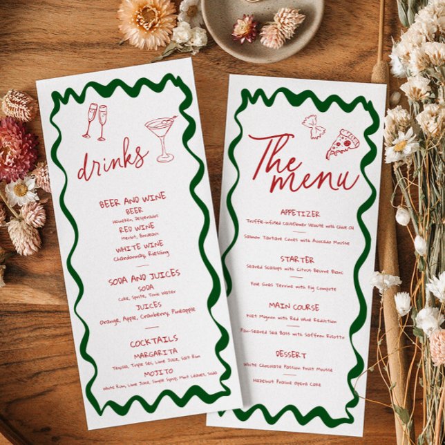 Tarjeta de menú de despedida de soltera de pizza i (Italian themed Menu Card and Drinks menu)