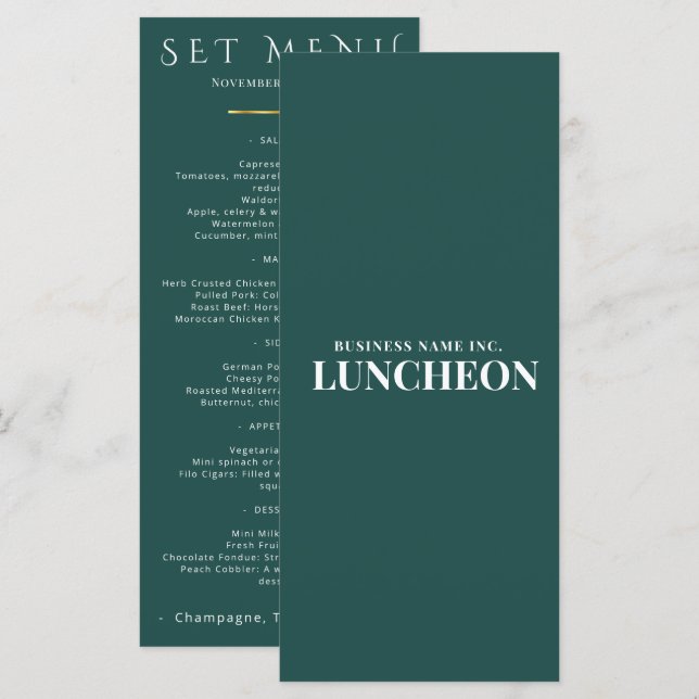 Tarjeta de menú de evento elegante en color verde  (Anverso / Reverso)