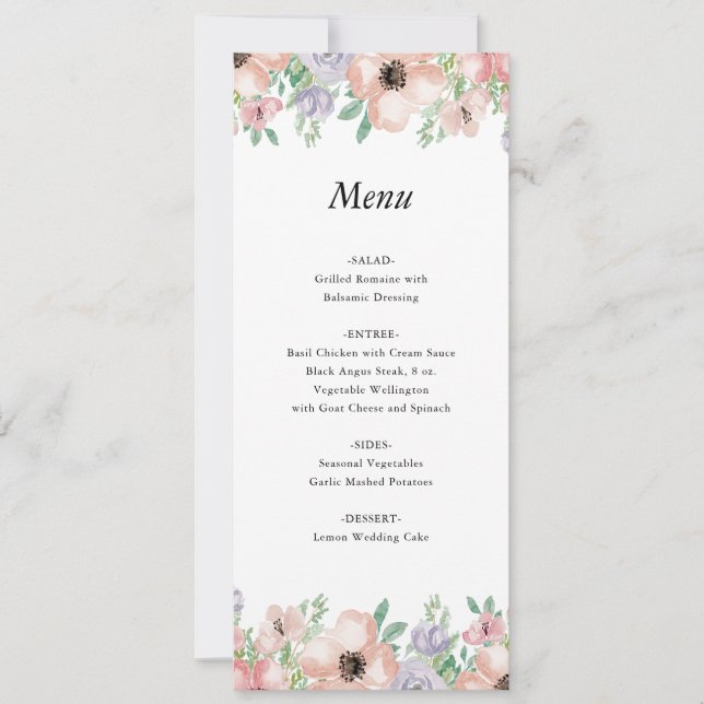 Tarjeta de menú de evento floral pastel elegante (Anverso)