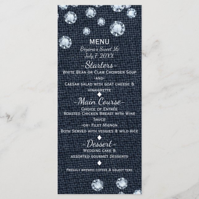 Tarjeta de menú de eventos de glamour de denim y d (Anverso)