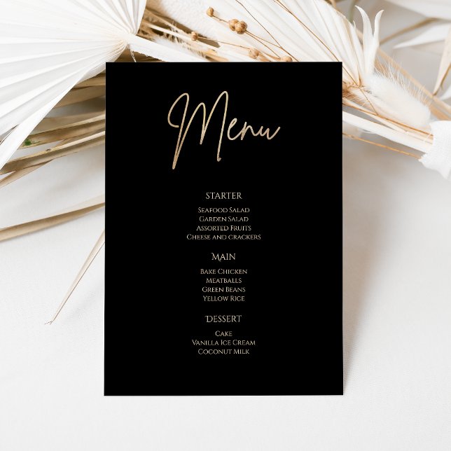 Tarjeta de menú de fiesta de cumpleaños elegante e (Elegant Black and Gold Birthday Party Menu Card)