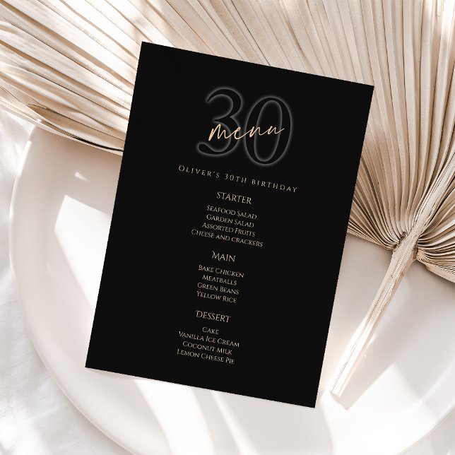 Tarjeta de Menú de Fiesta de Cumpleaños número 30  (Modern Black Gold 30th Birthday Party Menu Card)