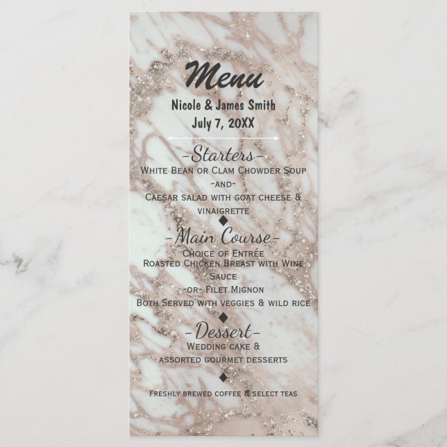 Tarjeta de menú de fiesta de mármol rosa dorado pl (Anverso)