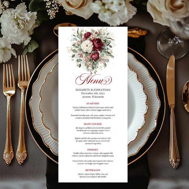 Tarjeta de menú de flores de Borgoña chic bohemio (Chic Bohemian Burgundy Flowers Gold Menu Card)