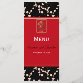 Tarjeta de menú de flores de cerezo rojas y negras