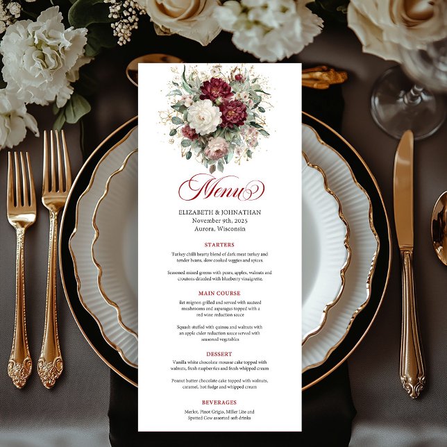 Tarjeta de menú de flores granate elegantes con eu (Chic Maroon Flowers Eucalyptus Gold Menu Card)