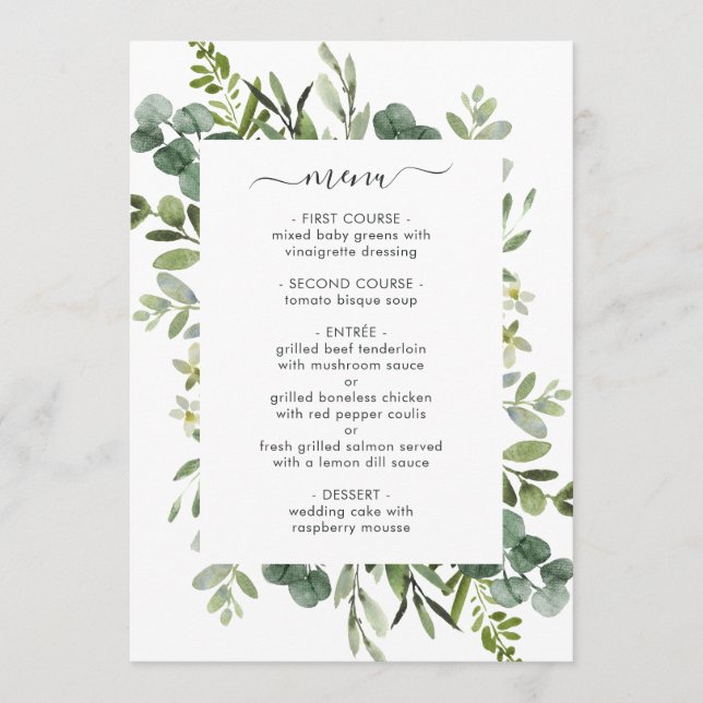 Tarjeta de menú de follaje verde Eucalyptus (Anverso)