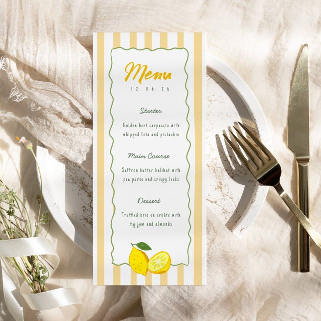 Tarjeta de menú de graduación de limón con franja  (Lemon Graduation Menu Card Yellow Stripe Citrus)