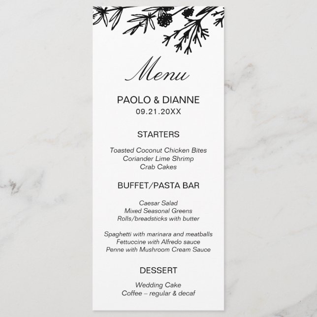 Tarjeta de menú de hojas botánicas dibujadas a man (Anverso)