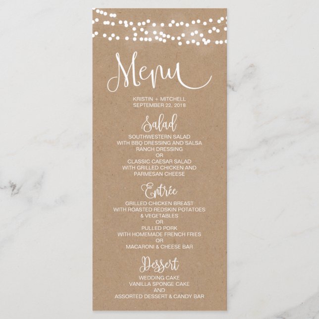 Tarjeta de menú de Kraft Lace y Rustic Boda (Anverso)