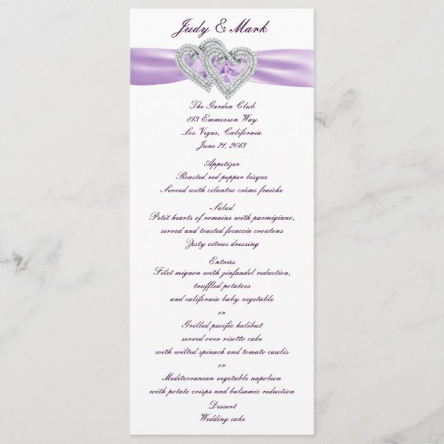Tarjeta de menú de la cinta de lavanda del corazón (Anverso)