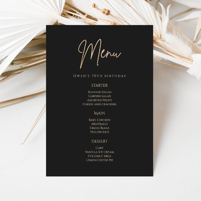 Tarjeta de menú de la fiesta de cumpleaños número  (Elegant Black Gold 70th Birthday Party Menu Card)