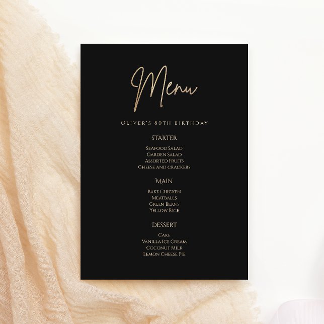 Tarjeta de menú de la fiesta de cumpleaños número  (Elegant Black Gold 80th Birthday Party Menu Card)