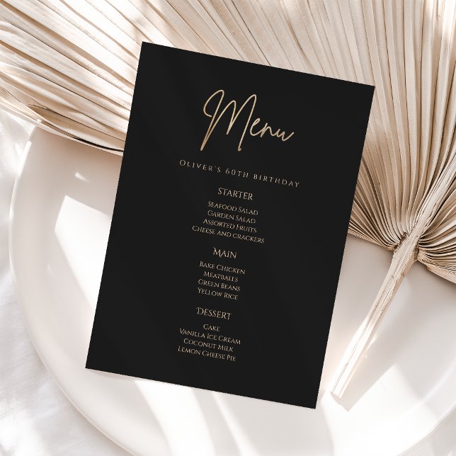 Tarjeta de menú de la fiesta de cumpleaños número  (Elegant Black Gold 60th Birthday Party Menu Card)