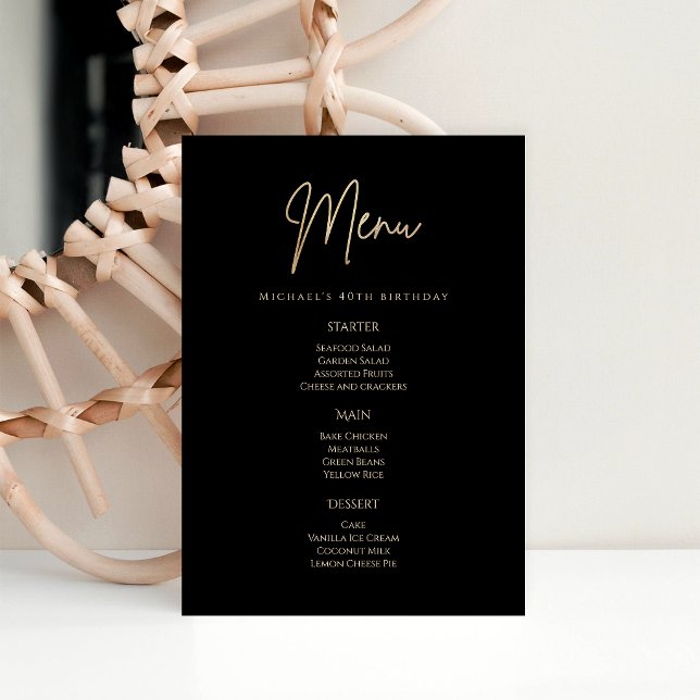Tarjeta de menú de la fiesta de cumpleaños número  (Elegant Black Gold 40th Birthday Party Menu Card)