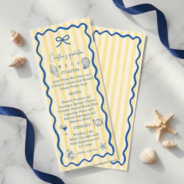 Tarjeta de menú de la fiesta de graduación náutica (Nautical Graduation Party Menu Card | Blue Coastal#graduationmenu #graduationparty #graduationdecor )