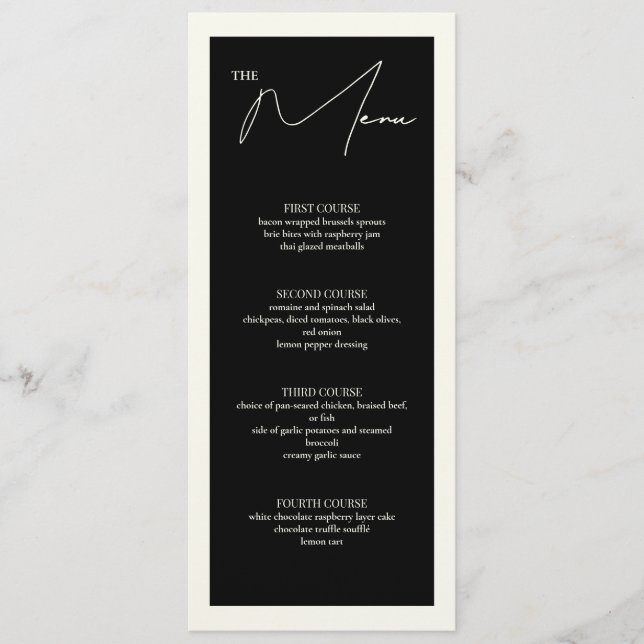 Tarjeta de menú de la mesa 4x9.25 en blanco y negr (Anverso)
