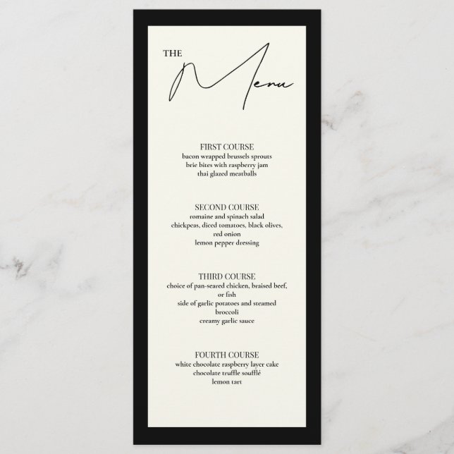 Tarjeta de menú de la mesa 4x9.25 en blanco y negr (Anverso)