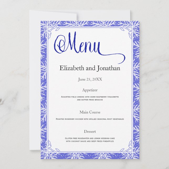 Tarjeta de menú de la recepción de la boda de hoja (Anverso)