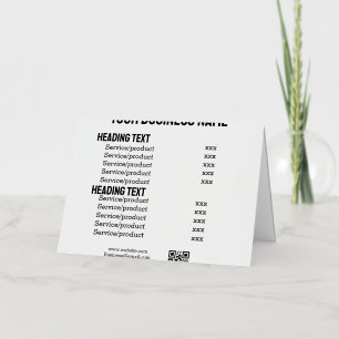 tarjeta de menú de lista de precios de productos d