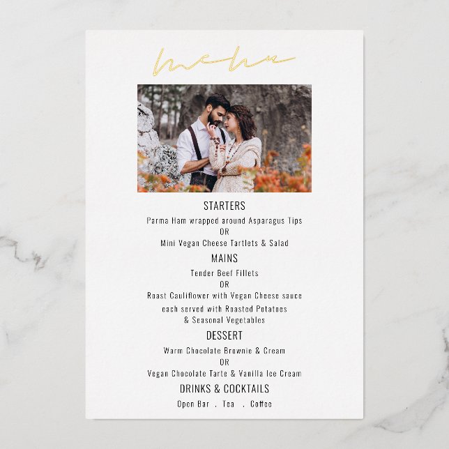 Tarjeta de menú de lujo con foto de boda con escri (Anverso )