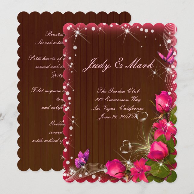 Tarjeta de menú de mariposa floral rosa de madera  (Anverso / Reverso)