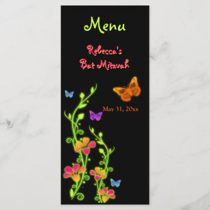 Tarjeta de menú de mariposas y flores de neón