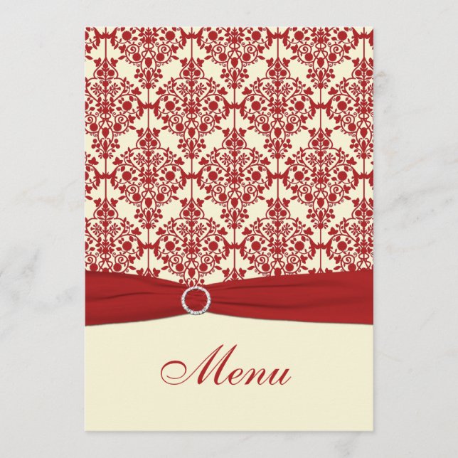 Tarjeta de menú de matrimonio de damasco rojo y cr (Anverso)