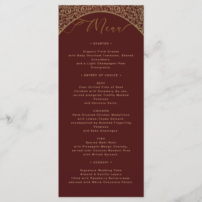 Tarjeta de menú de matrimonio elegante para damasc (Anverso)