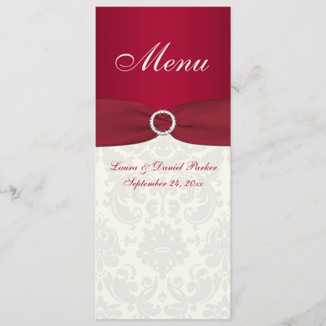 Tarjeta de menú de matrimonio Red and Ivory Damask (Anverso)