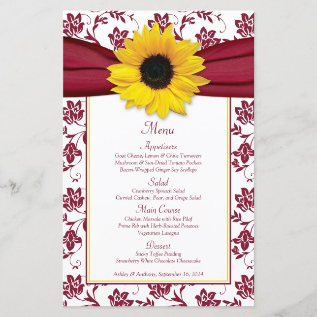 Tarjeta de menú de matrimonio Sunflower Burgundy W (Anverso)