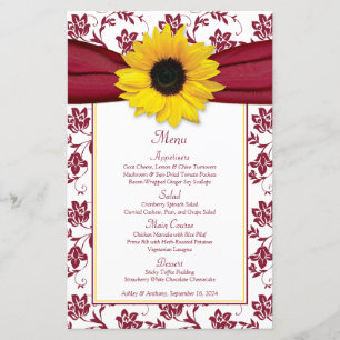 Tarjeta de menú de matrimonio Sunflower Burgundy W