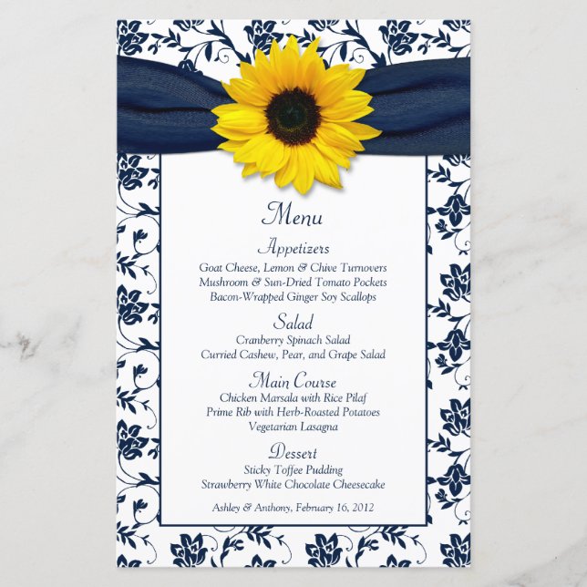Tarjeta de menú de matrimonio Sunflower Navy Blue  (Anverso)