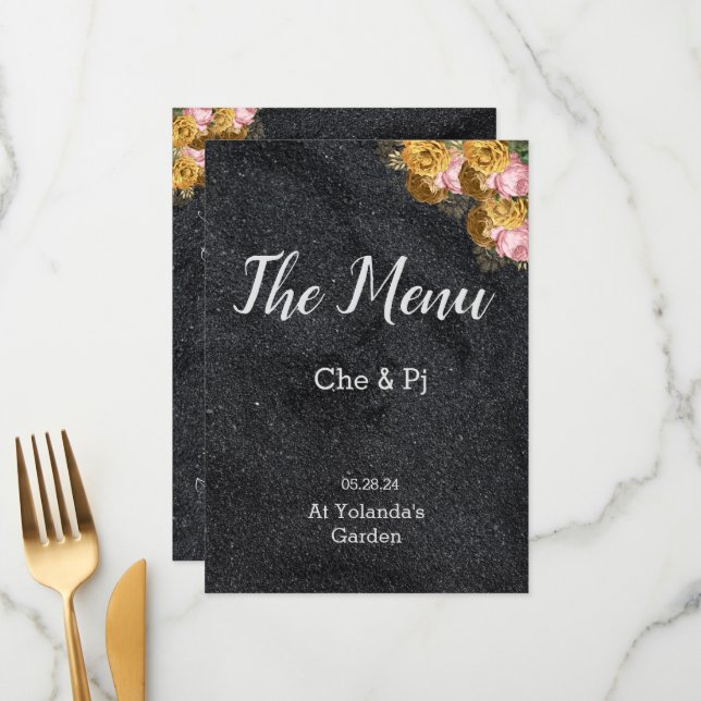 Tarjeta de menú de mesa de boda elegante negra (Anverso/Reverso In Situ)