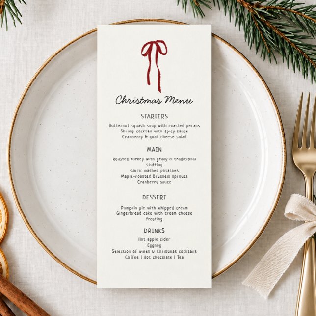 Tarjeta de menú de Navidad con lazo rojo (Subido por el creador)