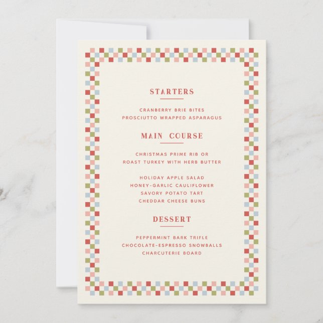 Tarjeta de menú de Navidad con tablero de ajedrez  (Anverso)