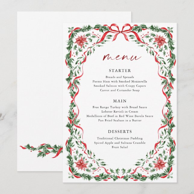 Tarjeta de menú de Navidad imprimible con lazo roj (Anverso / Reverso)